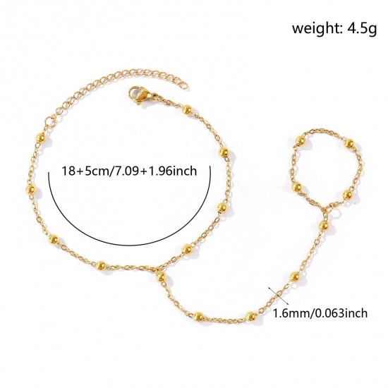 Picture of Wholesale 304 Stainless Steel Link Cable Chain Hand Chain Slave Finger Ring Bracelet, 18K Real Gold Plated Eco-friendly PVD Waterproof Anti-Tarnish Hypoallergenic, Women's Stylish Exquisite Gift Jewelry Supply, 18cm(7.1") + 5cm(2") long, Chain Size: 1.6mm, 1 Piece
