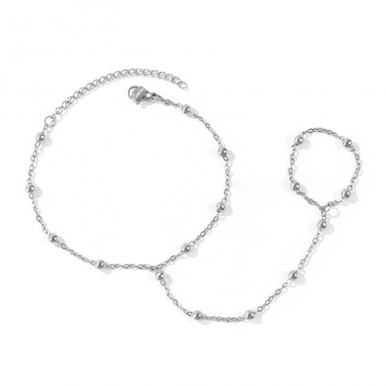Picture of Wholesale 304 Stainless Steel Link Cable Chain Hand Chain Slave Finger Ring Bracelet, Silver Tone Eco-friendly, Women's Stylish Exquisite Gift Jewelry Supply, 18cm(7.1") + 5cm(2") long, Chain Size: 1.6mm, 1 Piece