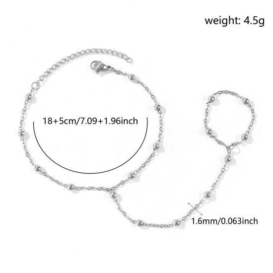 Picture of Wholesale 304 Stainless Steel Link Cable Chain Hand Chain Slave Finger Ring Bracelet, Silver Tone Eco-friendly, Women's Stylish Exquisite Gift Jewelry Supply, 18cm(7.1") + 5cm(2") long, Chain Size: 1.6mm, 1 Piece