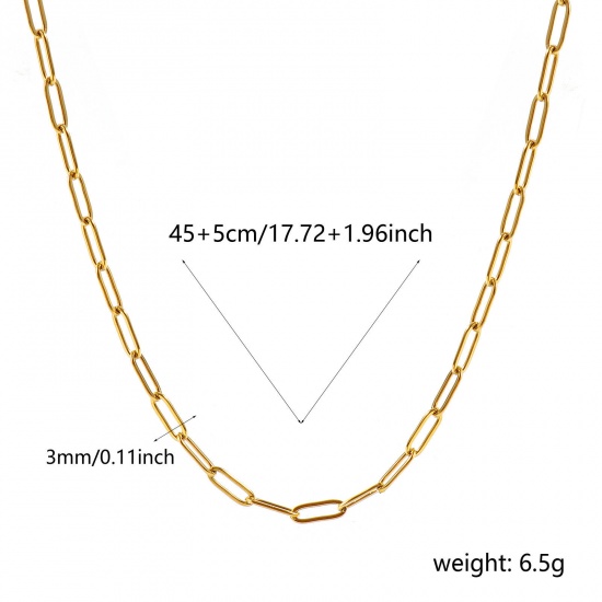 Immagine di Piatto Collana All'Ingrosso, Catena a Graffetta 18K Vero Oro Placcato 304 Acciaio Inossidabile, Unisex PVD Ecologica Impermeabile Anti-Ossidante Ipoallergenico Elegante Minimalista Regalo Gioielli Per Rivenditore, 45cm + 5cm Lunghezza, Dimensione della Catena: 9x3mm, 1 Pz