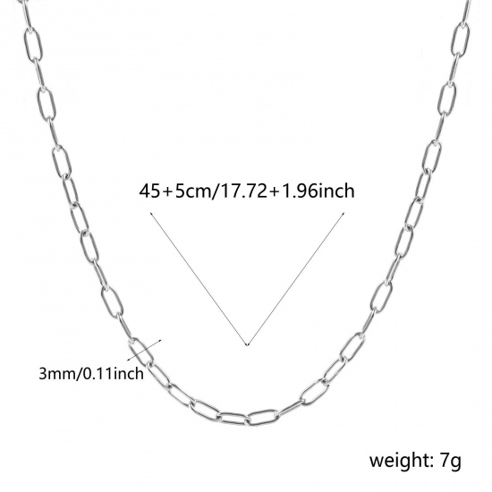 Picture of Wholesale Paperclip Link Chain Necklace, Silver Tone 304 Stainless Steel, Unisex Eco-friendly Stylish Minimalist Gift Jewelry For Retailer, 45cm(17.7") + 5cm(2") long, Chain Size: 7.5x3mm, 1 Piece