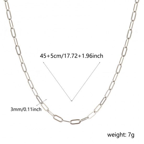 Picture of Wholesale Flat Paperclip Link Chain Necklace, Silver Tone 304 Stainless Steel, Unisex Eco-friendly Stylish Minimalist Gift Jewelry For Retailer, 45cm(17.7") + 5cm(2") long, Chain Size: 7.5x3mm, 1 Piece