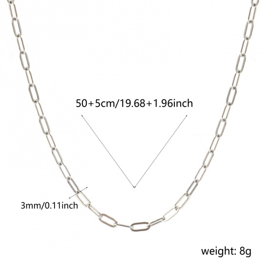 Picture of Wholesale Flat Paperclip Link Chain Necklace, Silver Tone 304 Stainless Steel, Unisex Eco-friendly Stylish Minimalist Gift Jewelry For Retailer, 50cm(19.7") + 5cm(2") long, Chain Size: 7.5x3mm, 1 Piece