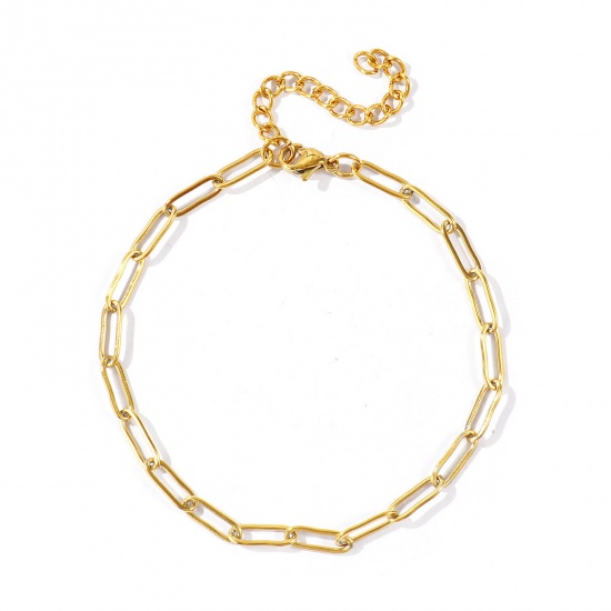 Picture of Wholesale Flat 304 Stainless Steel Paperclip Link Chain Anklet, 18K Real Gold Plated Eco-friendly PVD Waterproof Anti-Tarnish Hypoallergenic, Women's Stylish Minimalist Gift Jewelry Supply, 21cm(8.3") + 5cm(2") long, Chain Size: 12x4mm, 1 Piece