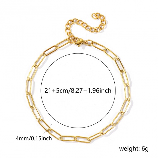 Picture of Wholesale Flat 304 Stainless Steel Paperclip Link Chain Anklet, 18K Real Gold Plated Eco-friendly PVD Waterproof Anti-Tarnish Hypoallergenic, Women's Stylish Minimalist Gift Jewelry Supply, 21cm(8.3") + 5cm(2") long, Chain Size: 12x4mm, 1 Piece