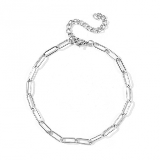 Picture of Wholesale Flat 304 Stainless Steel Paperclip Link Chain Anklet, Silver Tone Eco-friendly, Women's Stylish Minimalist Gift Jewelry Supply, 21cm(8.3") + 5cm(2") long, Chain Size: 12x4mm, 1 Piece