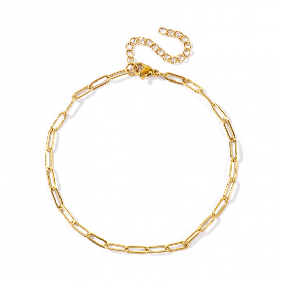 Picture of Wholesale Flat 304 Stainless Steel Paperclip Link Chain Anklet, 18K Real Gold Plated Eco-friendly PVD Waterproof Anti-Tarnish Hypoallergenic, Women's Stylish Minimalist Gift Jewelry Supply, 21cm(8.3") + 5cm(2") long, Chain Size: 9x3mm, 1 Piece