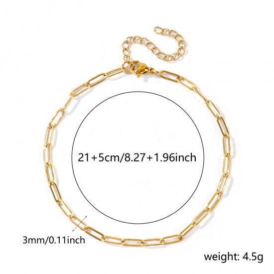 Picture of Wholesale Flat 304 Stainless Steel Paperclip Link Chain Anklet, 18K Real Gold Plated Eco-friendly PVD Waterproof Anti-Tarnish Hypoallergenic, Women's Stylish Minimalist Gift Jewelry Supply, 21cm(8.3") + 5cm(2") long, Chain Size: 9x3mm, 1 Piece