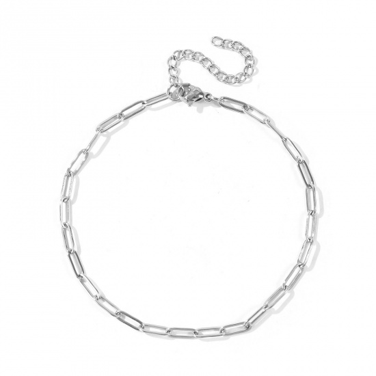 Picture of Wholesale Flat 304 Stainless Steel Paperclip Link Chain Anklet, Silver Tone Eco-friendly, Women's Stylish Minimalist Gift Jewelry Supply, 21cm(8.3") + 5cm(2") long, Chain Size: 9x3mm, 1 Piece