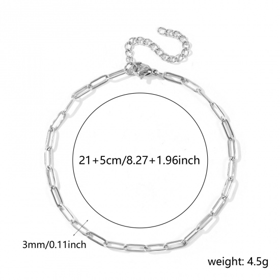 Picture of Wholesale Flat 304 Stainless Steel Paperclip Link Chain Anklet, Silver Tone Eco-friendly, Women's Stylish Minimalist Gift Jewelry Supply, 21cm(8.3") + 5cm(2") long, Chain Size: 9x3mm, 1 Piece