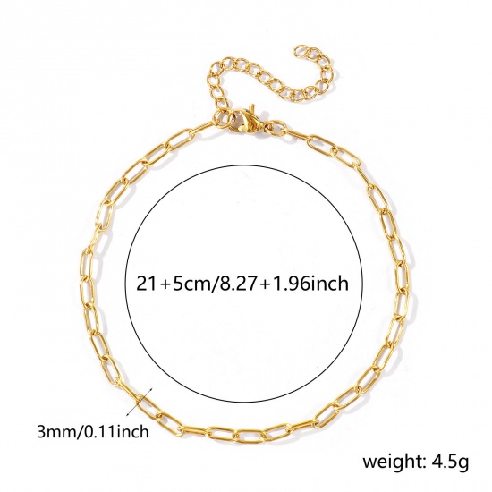 Picture of Wholesale 304 Stainless Steel Paperclip Link Chain Anklet, 18K Real Gold Plated Eco-friendly PVD Waterproof Anti-Tarnish Hypoallergenic, Women's Stylish Minimalist Gift Jewelry Supply, 21cm(8.3") + 5cm(2") long, Chain Size: 7.5x3mm, 1 Piece