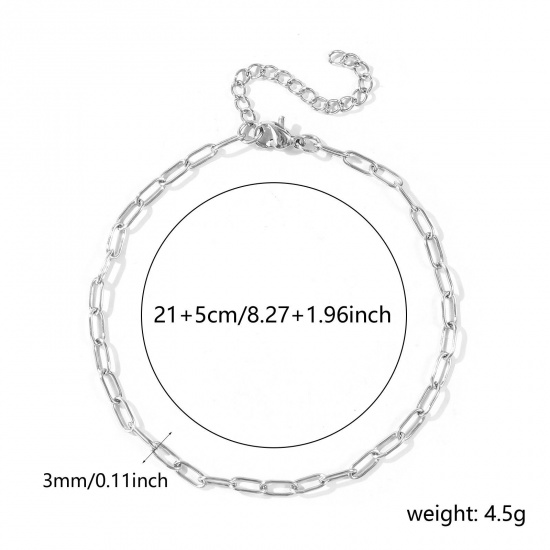 Picture of Wholesale 304 Stainless Steel Paperclip Link Chain Anklet, Silver Tone Eco-friendly, Women's Stylish Minimalist Gift Jewelry Supply, 21cm(8.3") + 5cm(2") long, Chain Size: 7.5x3mm, 1 Piece