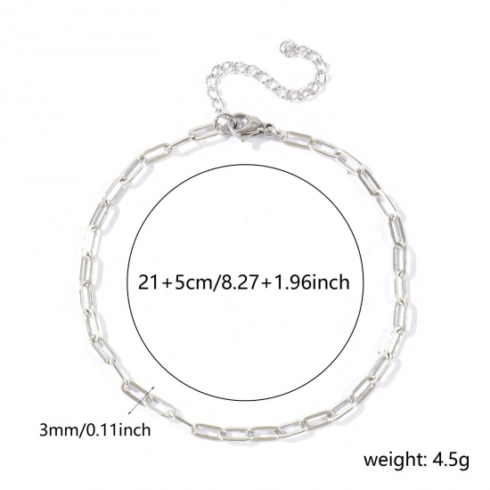 Picture of Wholesale Flat 304 Stainless Steel Paperclip Link Chain Anklet, Silver Tone Eco-friendly, Women's Stylish Minimalist Gift Jewelry Supply, 21cm(8.3") + 5cm(2") long, Chain Size: 7.5x3mm, 1 Piece