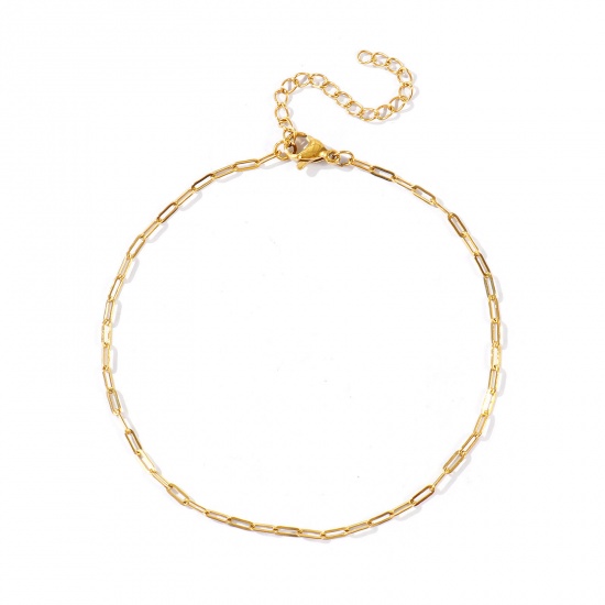 Picture of Wholesale Flat 304 Stainless Steel Paperclip Link Chain Anklet, 18K Real Gold Plated Eco-friendly PVD Waterproof Anti-Tarnish Hypoallergenic, Women's Stylish Minimalist Gift Jewelry Supply, 21cm(8.3") + 5cm(2") long, Chain Size: 5x2mm, 1 Piece