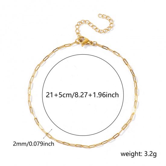 Picture of Wholesale Flat 304 Stainless Steel Paperclip Link Chain Anklet, 18K Real Gold Plated Eco-friendly PVD Waterproof Anti-Tarnish Hypoallergenic, Women's Stylish Minimalist Gift Jewelry Supply, 21cm(8.3") + 5cm(2") long, Chain Size: 5x2mm, 1 Piece
