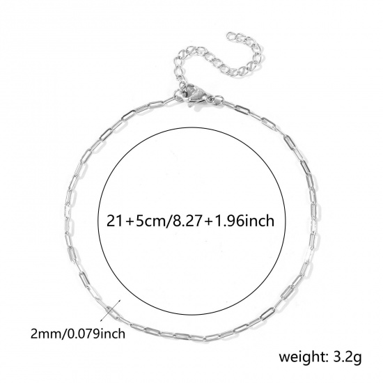 Picture of Wholesale Flat 304 Stainless Steel Paperclip Link Chain Anklet, Silver Tone Eco-friendly, Women's Stylish Minimalist Gift Jewelry Supply, 21cm(8.3") + 5cm(2") long, Chain Size: 5x2mm, 1 Piece