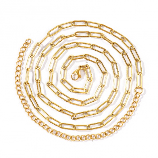 Imagen de Plano Collar de Cadena del Vientre de la Cintura del Cuerpo Al Por Mayor, Catena di Fermagli 18K Oro Real Chapado 304 Acero Inoxidable, Unisex PVD Ecológico Impermeable Antioxidante Hipoalergénico Punk Elegante Regalo Joyería Para Minorista, 70cm + 15cm longitud, Tamaño de la Cadena: 12x4mm, 1 Unida