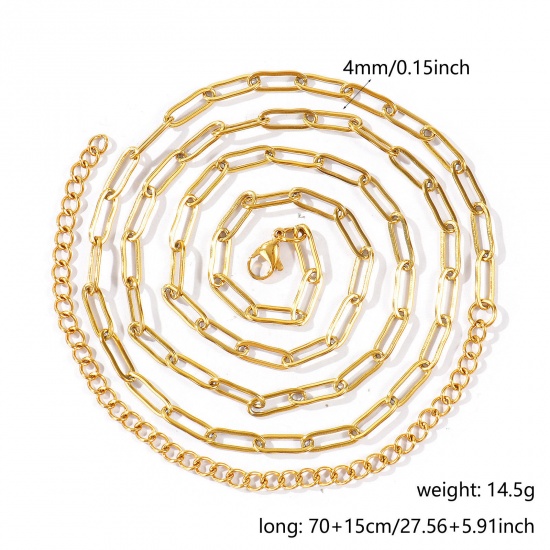 Imagen de Plano Collar de Cadena del Vientre de la Cintura del Cuerpo Al Por Mayor, Catena di Fermagli 18K Oro Real Chapado 304 Acero Inoxidable, Unisex PVD Ecológico Impermeable Antioxidante Hipoalergénico Punk Elegante Regalo Joyería Para Minorista, 70cm + 15cm longitud, Tamaño de la Cadena: 12x4mm, 1 Unida