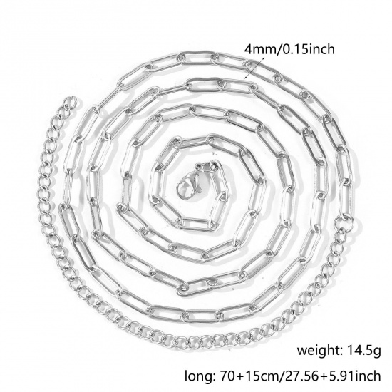 Imagen de Plano Collar de Cadena del Vientre de la Cintura del Cuerpo Al Por Mayor, Catena di Fermagli Tono de Plata 304 Acero Inoxidable, Unisex Respetuoso del Medio Ambiente Punk Elegante Regalo Joyería Para Minorista, 70cm + 15cm longitud, Tamaño de la Cadena: 12x4mm, 1 Unidad
