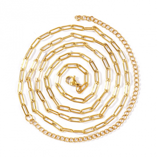 Imagen de Plano Collar de Cadena del Vientre de la Cintura del Cuerpo Al Por Mayor, Catena di Fermagli 18K Oro Real Chapado 304 Acero Inoxidable, Unisex PVD Ecológico Impermeable Antioxidante Hipoalergénico Punk Elegante Regalo Joyería Para Minorista, 70cm + 15cm longitud, Tamaño de la Cadena: 9x3mm, 1 Unidad