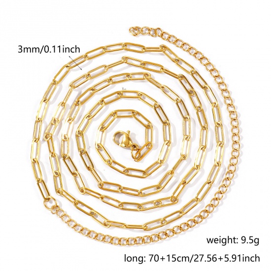 Imagen de Plano Collar de Cadena del Vientre de la Cintura del Cuerpo Al Por Mayor, Catena di Fermagli 18K Oro Real Chapado 304 Acero Inoxidable, Unisex PVD Ecológico Impermeable Antioxidante Hipoalergénico Punk Elegante Regalo Joyería Para Minorista, 70cm + 15cm longitud, Tamaño de la Cadena: 9x3mm, 1 Unidad