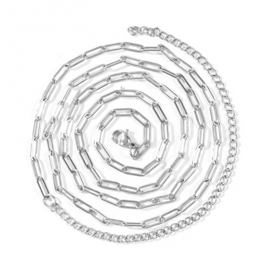 Imagen de Plano Collar de Cadena del Vientre de la Cintura del Cuerpo Al Por Mayor, Catena di Fermagli Tono de Plata 304 Acero Inoxidable, Unisex Respetuoso del Medio Ambiente Punk Elegante Regalo Joyería Para Minorista, 70cm + 15cm longitud, Tamaño de la Cadena: 9x3mm, 1 Unidad