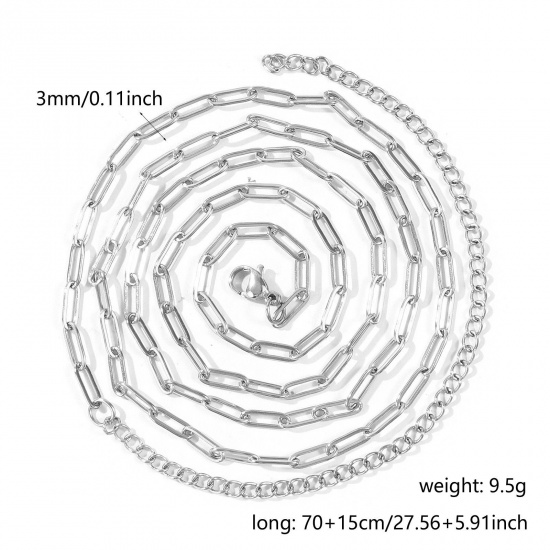 Imagen de Plano Collar de Cadena del Vientre de la Cintura del Cuerpo Al Por Mayor, Catena di Fermagli Tono de Plata 304 Acero Inoxidable, Unisex Respetuoso del Medio Ambiente Punk Elegante Regalo Joyería Para Minorista, 70cm + 15cm longitud, Tamaño de la Cadena: 9x3mm, 1 Unidad