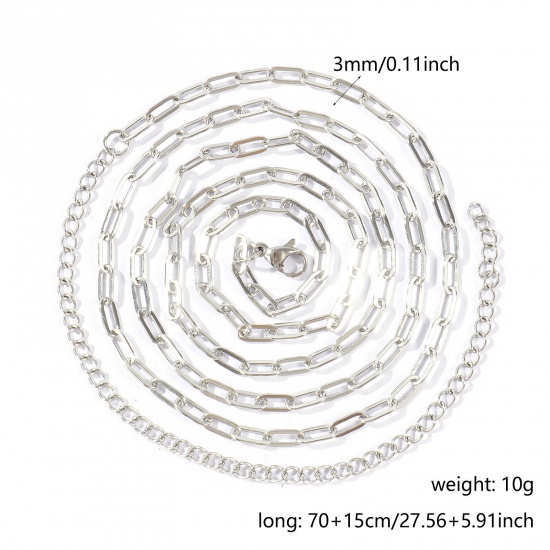 Imagen de Plano Collar de Cadena del Vientre de la Cintura del Cuerpo Al Por Mayor, Catena di Fermagli Tono de Plata 304 Acero Inoxidable, Unisex Respetuoso del Medio Ambiente Punk Elegante Regalo Joyería Para Minorista, 70cm + 15cm longitud, Tamaño de la Cadena: 7.5x3mm, 1 Unidad