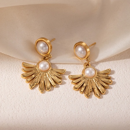 Picture of Wholesale Exquisite Stylish Ear Post Stud Earrings, Fan-shaped Imitation Pearl 18K Gold Plated 201 Stainless Steel, Women's Eco-friendly Gift Jewelry Supply, 3.1cm x 1.3cm, 1 Pair