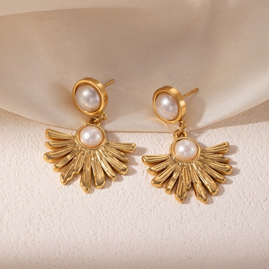 Picture of Wholesale Exquisite Stylish Ear Post Stud Earrings, Fan-shaped Imitation Pearl 18K Gold Plated 201 Stainless Steel, Women's Eco-friendly Gift Jewelry Supply, 3.1cm x 1.3cm, 1 Pair