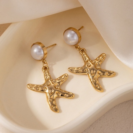 Imagen de Joyería del océano Elegante Pendientes de Poste de Oreja Al Por Mayor, Estrella de mar Imitación de perla Chapado en Oro de 18K 201 Acero Inoxidable, Mujeres Respetuoso del Medio Ambiente Regalo Suministro de Joyería, 3.9cm x 2.2cm, 1 Par