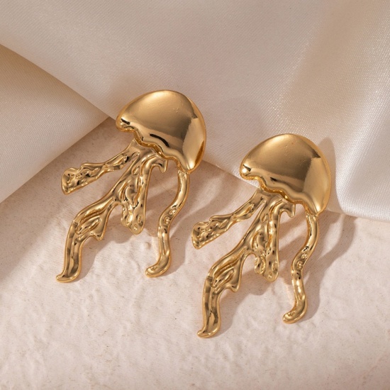 Picture of Wholesale Ocean Jewelry Stylish Ear Post Stud Earrings, Jellyfish 18K Gold Plated 201 Stainless Steel, Women's Eco-friendly Gift Jewelry Supply, 4.4cm x 2.7cm, 1 Pair