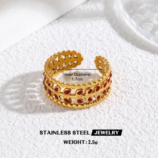 Picture of Wholesale Women's Gift Leaf Red Enamel Open Adjustable Rings, 18K Gold Plated 304 Stainless Steel, Eco-friendly PVD Exquisite Stylish Jewelry Supply, 17mm(US Size 6.5), 1 Piece