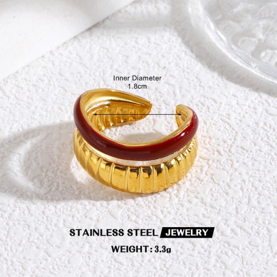 Picture of Wholesale Women's Gift Red Enamel Open Adjustable Rings, 18K Gold Plated 304 Stainless Steel, Eco-friendly PVD Exquisite Stylish Jewelry Supply, 18mm(US Size 7.75), 1 Piece