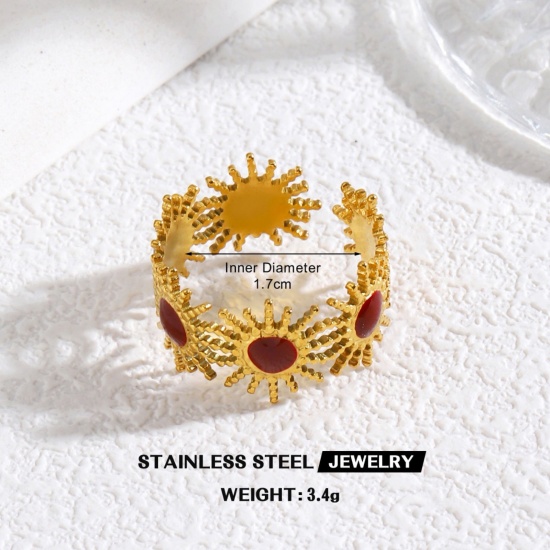 Picture of Wholesale Women's Gift Sun Red Enamel Open Adjustable Rings, 18K Gold Plated 304 Stainless Steel, Eco-friendly PVD Galaxy Stylish Jewelry Supply, 17mm(US Size 6.5), 1 Piece