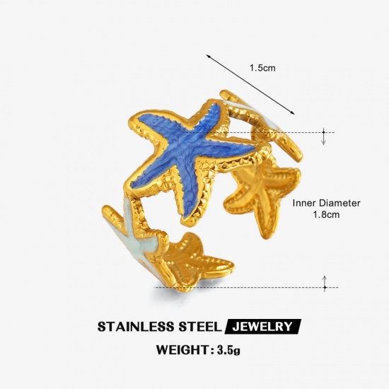 Picture of Wholesale Women's Gift Starfish Blue Open Rings, 18K Gold Plated 304 Stainless Steel, Eco-friendly PVD Ocean Jewelry Stylish Jewelry Supply, 17.9mm(US size 7.75), 1 Piece