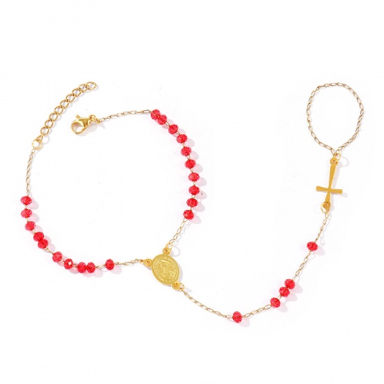 Image de Bracelet Esclave Chaîne à Main En Gros Plaqué Or 18K en Plastique & 304 Acier Inoxydable, Croix Sainte Vierge Marie Rouge Chaîne Perlée Placage Sous Vide Écologique, aux Femmes Religieux Vintage Cadeau Fournitures de Bijoux 18cm + 3cm long, 1 Pièce