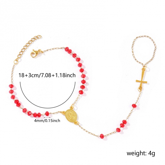 Image de Bracelet Esclave Chaîne à Main En Gros Plaqué Or 18K en Plastique & 304 Acier Inoxydable, Croix Sainte Vierge Marie Rouge Chaîne Perlée Placage Sous Vide Écologique, aux Femmes Religieux Vintage Cadeau Fournitures de Bijoux 18cm + 3cm long, 1 Pièce