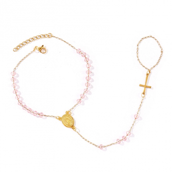 Image de Bracelet Esclave Chaîne à Main En Gros Plaqué Or 18K en Plastique & 304 Acier Inoxydable, Croix Sainte Vierge Marie Rose Chaîne Perlée Placage Sous Vide Écologique, aux Femmes Religieux Vintage Cadeau Fournitures de Bijoux 18cm + 3cm long, 1 Pièce