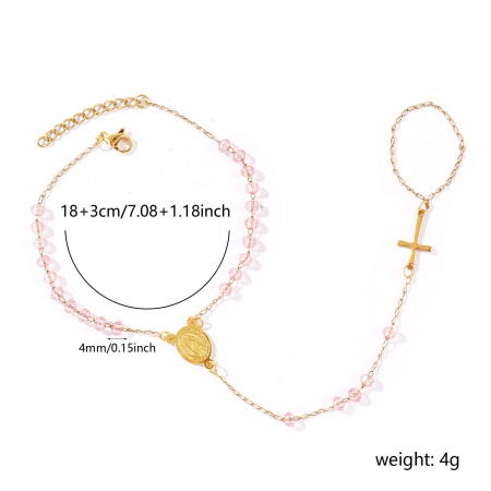 Bild von Großhandel Kreuz Heilige Maria Mutter Gottes Rosa Plastik & 304 Edelstahl Perlenkette Handkette mit Ring Sklavenarmband, 18K Vergoldet Umweltfreundliche Vakuumbeschichtung, Frauen Religiös Retro Geschenk Schmuckbedarf, 18cm + 3cm lang, 1 Strang