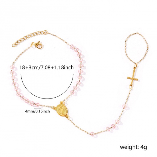Image de Bracelet Esclave Chaîne à Main En Gros Plaqué Or 18K en Plastique & 304 Acier Inoxydable, Croix Sainte Vierge Marie Rose Chaîne Perlée Placage Sous Vide Écologique, aux Femmes Religieux Vintage Cadeau Fournitures de Bijoux 18cm + 3cm long, 1 Pièce