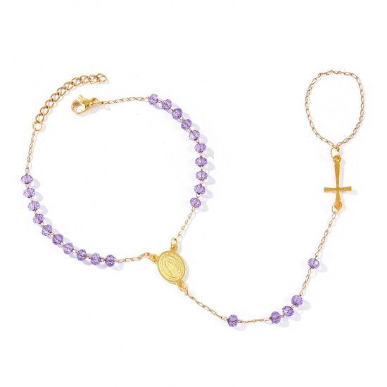 Image de Bracelet Esclave Chaîne à Main En Gros Plaqué Or 18K en Plastique & 304 Acier Inoxydable, Croix Sainte Vierge Marie Violet Chaîne Perlée Placage Sous Vide Écologique, aux Femmes Religieux Vintage Cadeau Fournitures de Bijoux 18cm + 3cm long, 1 Pièce