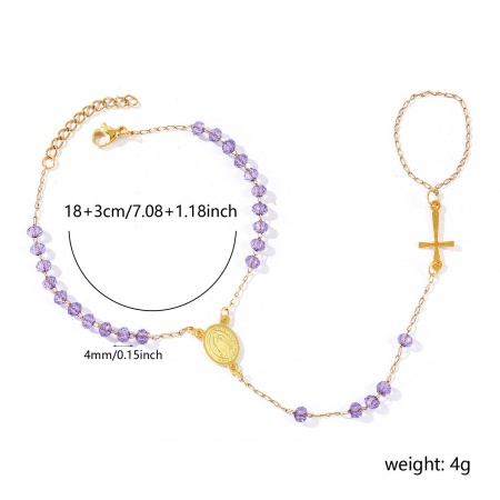 Bild von Großhandel Kreuz Heilige Maria Mutter Gottes Lila Plastik & 304 Edelstahl Perlenkette Handkette mit Ring Sklavenarmband, 18K Vergoldet Umweltfreundliche Vakuumbeschichtung, Frauen Religiös Retro Geschenk Schmuckbedarf, 18cm + 3cm lang, 1 Strang