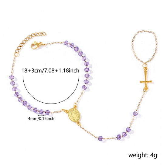 Image de Bracelet Esclave Chaîne à Main En Gros Plaqué Or 18K en Plastique & 304 Acier Inoxydable, Croix Sainte Vierge Marie Violet Chaîne Perlée Placage Sous Vide Écologique, aux Femmes Religieux Vintage Cadeau Fournitures de Bijoux 18cm + 3cm long, 1 Pièce