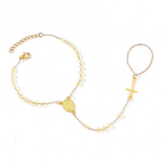 Image de Bracelet Esclave Chaîne à Main En Gros Plaqué Or 18K en Plastique & 304 Acier Inoxydable, Croix Sainte Vierge Marie Jaune Chaîne Perlée Placage Sous Vide Écologique, aux Femmes Religieux Vintage Cadeau Fournitures de Bijoux 18cm + 3cm long, 1 Pièce