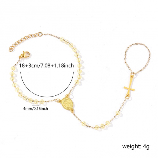 Image de Bracelet Esclave Chaîne à Main En Gros Plaqué Or 18K en Plastique & 304 Acier Inoxydable, Croix Sainte Vierge Marie Jaune Chaîne Perlée Placage Sous Vide Écologique, aux Femmes Religieux Vintage Cadeau Fournitures de Bijoux 18cm + 3cm long, 1 Pièce
