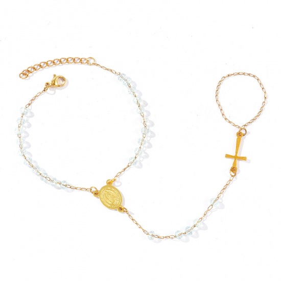 Image de Bracelet Esclave Chaîne à Main En Gros Plaqué Or 18K en Plastique & 304 Acier Inoxydable, Croix Sainte Vierge Marie Bleu Clair Chaîne Perlée Placage Sous Vide Écologique, aux Femmes Religieux Vintage Cadeau Fournitures de Bijoux 18cm + 3cm long, 1 Pièce