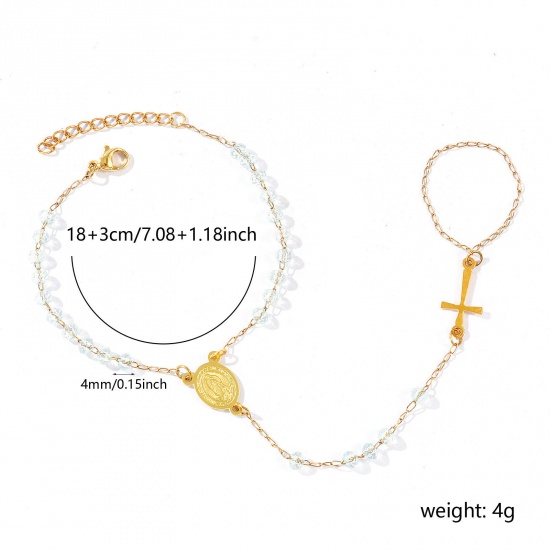 Image de Bracelet Esclave Chaîne à Main En Gros Plaqué Or 18K en Plastique & 304 Acier Inoxydable, Croix Sainte Vierge Marie Bleu Clair Chaîne Perlée Placage Sous Vide Écologique, aux Femmes Religieux Vintage Cadeau Fournitures de Bijoux 18cm + 3cm long, 1 Pièce