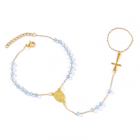 Picture of Wholesale Cross Virgin Mary Blue Plastic & 304 Stainless Steel Beaded Chain Hand Chain Slave Finger Ring Bracelet, 18K Gold Plated Eco-friendly Vacuum Plating, Women's Religious Retro Gift Jewelry Supply, 18cm(7.1") + 3cm(1.2") long, 1 Piece