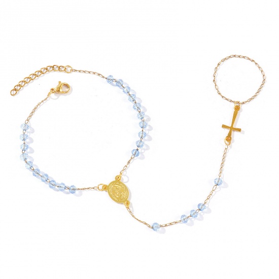 Image de Bracelet Esclave Chaîne à Main En Gros Plaqué Or 18K en Plastique & 304 Acier Inoxydable, Croix Sainte Vierge Marie Bleu Chaîne Perlée Placage Sous Vide Écologique, aux Femmes Religieux Vintage Cadeau Fournitures de Bijoux 18cm + 3cm long, 1 Pièce